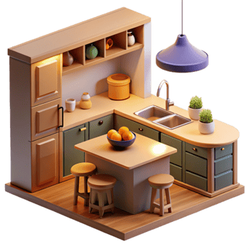stunning vintage Cozy 3D Kitchen Illustration original png