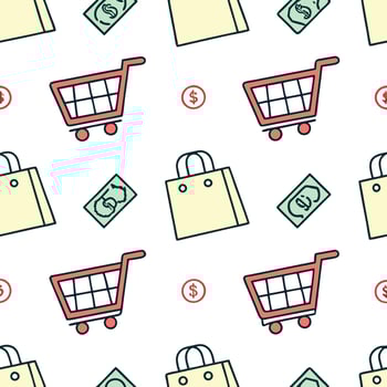 shopping cart and money. seamless pattern white background vector