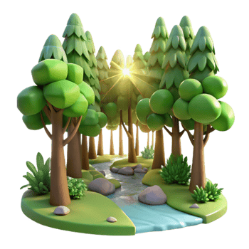 impressive minimalist 3D Cartoon Forest Scene with Stream original png