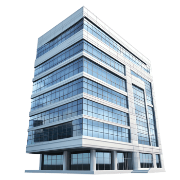 A office building with glass windows on transparent background png