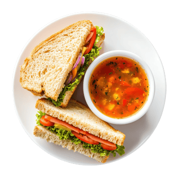sandwich with soup on plate isolate on transparent background png