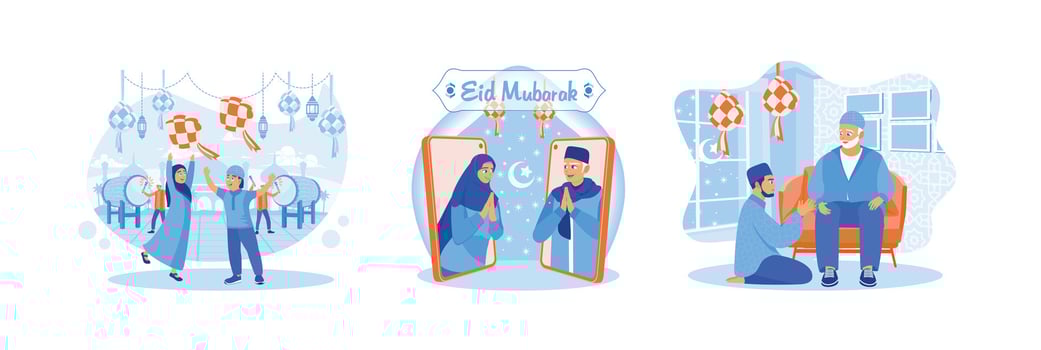 Muslims celebrate Eid al-Fitr, stay in touch and forgive each other. vector