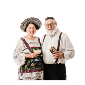 an elderly couple in traditional clothing holding a drink png