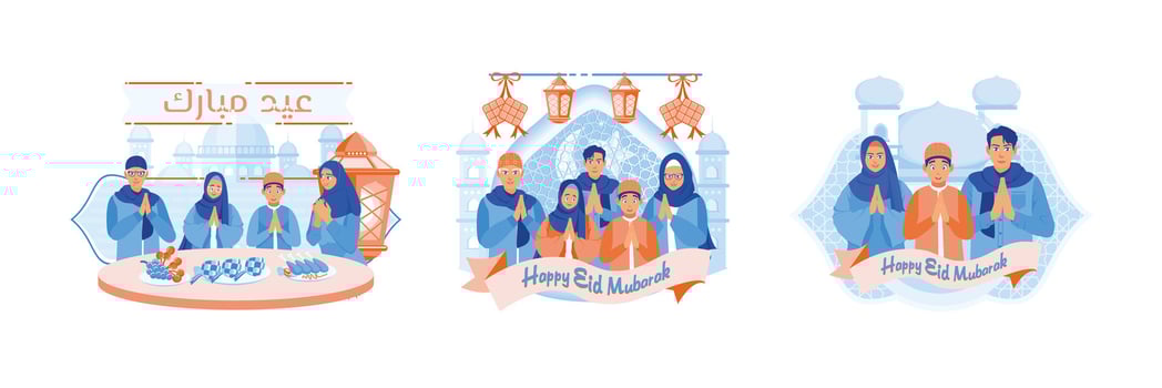 Muslim families celebrate Eid, gather, and say Eid greetings. vector
