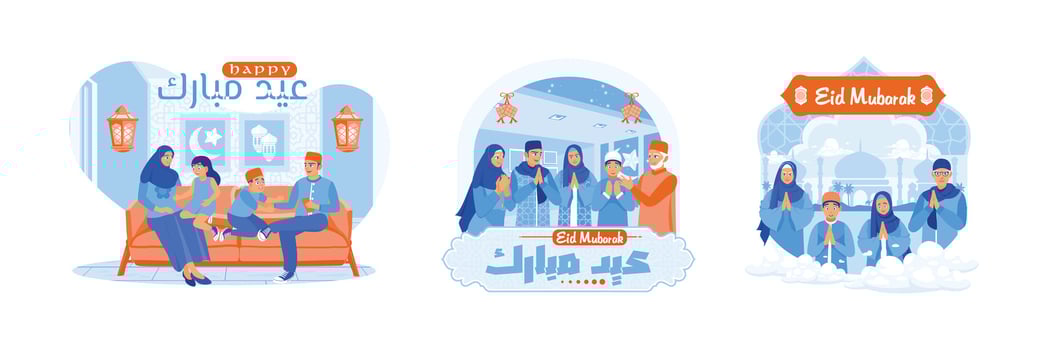 Muslim family celebrating Eid and saying Eid greetings. vector