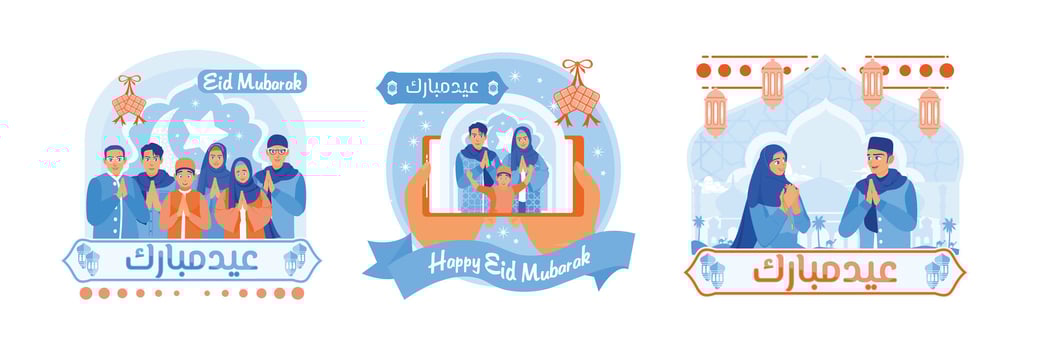 Muslim families gather and say Eid al-Fitr greetings online. vector