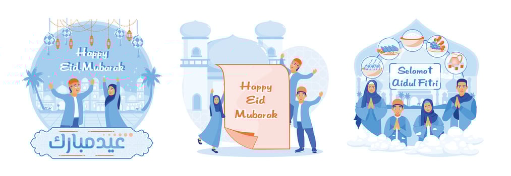 Muslim children celebrating Eid saying Eid greetings. vector
