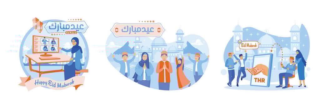Muslims say Eid al-Fitr greetings and share THR online. vector
