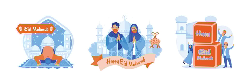 Muslims celebrate Eid al-Fitr and say Eid al-Fitr greetings. vector