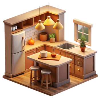 serene contemporary Cozy Kitchen 3D Illustration original png