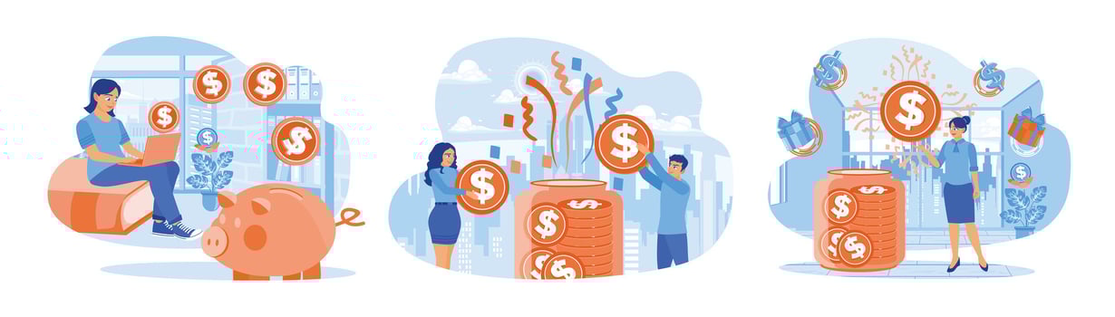 People manage their finances, saving money in piggy banks and glass jars. vector