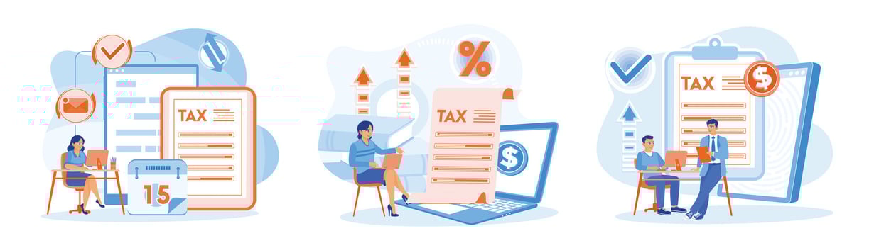Female accountant prepares tax payments, calculates and fills out tax documents online. vector