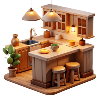 stunning vintage Cozy 3D Kitchen Illustration genuine png