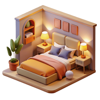 vibrant minimalist Cozy 3D Bedroom Illustration high quality png