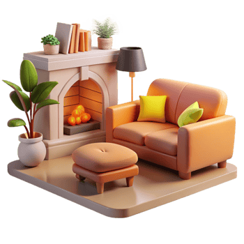 vibrant contemporary Cozy 3D Render Living Room Illustration high resolution png