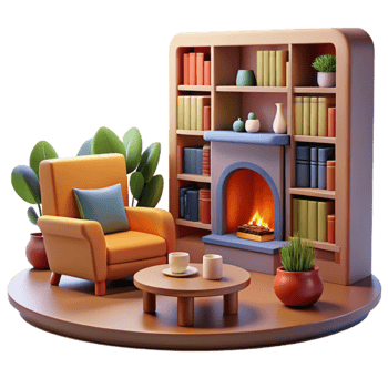elegant traditional Cozy 3D Render of Fireplace and Armchair detailed png