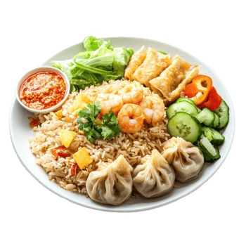 a plate with rice, shrimp, vegetables and dumplings png