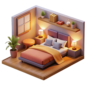 extraordinary minimalist Cozy 3D Bedroom Illustration 4K png