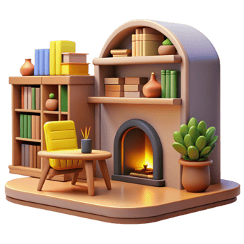 elegant minimalist Cozy 3D Room Illustration Fireplace, Bookshelves, and Chair exclusive png