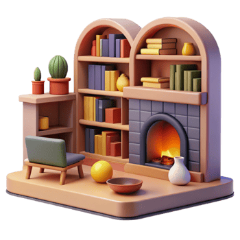 elegant modern Cozy 3D Render of Fireplace and Bookshelves high quality png