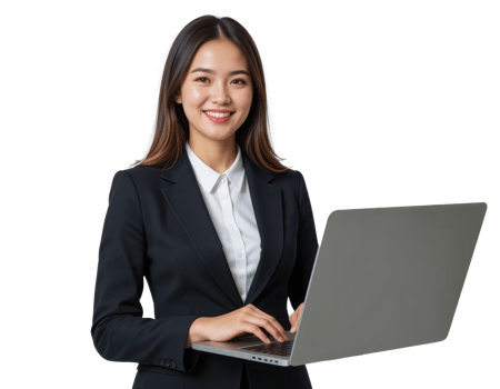 Corporate Woman Working on Laptop, High-Quality . png