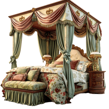 Luxurious canopy bed with drapes and floral bedding looks grand and royal png