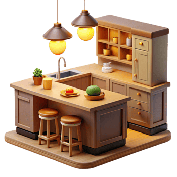 dramatic creative Cozy Kitchen Island 3D Render high resolution png