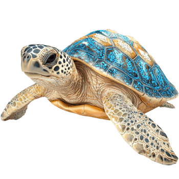 Graceful sea turtle with a patterned blue and gold shell glides through the water png