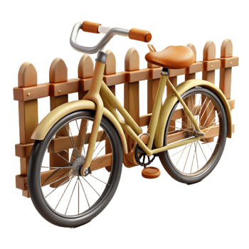 impressive rustic Vintage Bicycle 3D Render near Wooden Fence detailed png