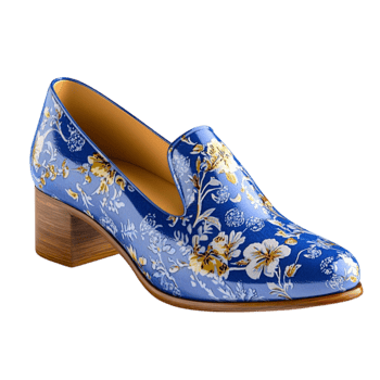 blue highheeled shoe with intricate golden floral patterns looks png