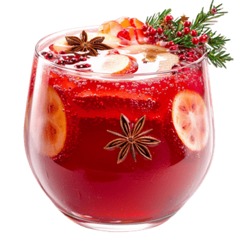Reing red fruit punch with citrus slices and star anise sits in a clear glass with ice png