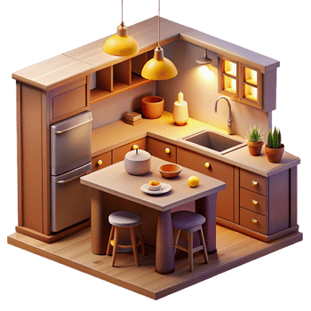 vibrant vintage Cozy 3D Kitchen Illustration authentic png