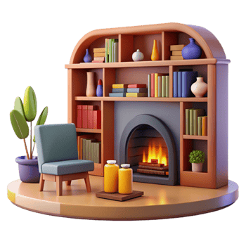 serene rustic Cozy 3D Fireplace Room Illustration 4K png