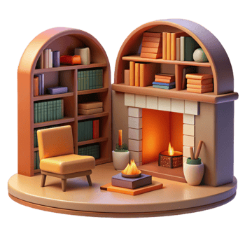 impressive vintage Cozy 3D Render of Fireplace and Bookshelves 4K png