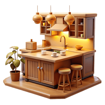 extraordinary minimalist Cozy Kitchen 3D Render high resolution png