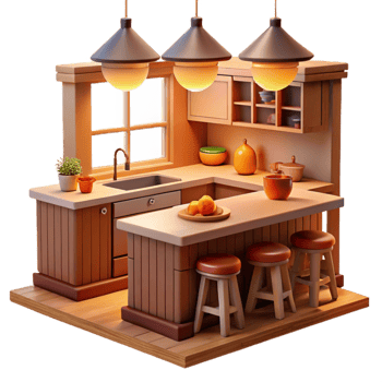 vibrant vintage Cozy 3D Kitchen Illustration detailed png