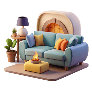 dramatic traditional Cozy 3D Rendered Living Room Illustration high quality png