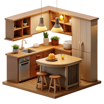 impressive contemporary Cozy Kitchen 3D Isometric Illustration high resolution png