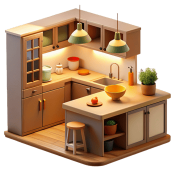 serene classic Cozy 3D Kitchen Illustration, Isometric View 4K png