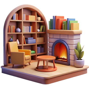 impressive classic Cozy 3D Render of Fireplace and Bookshelf exclusive png