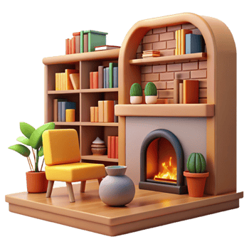 impressive creative Cozy 3D Fireplace Room Illustration high resolution png