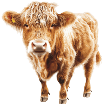 Fluffy highland cow with brown fur gazes with a calm and gentle look png