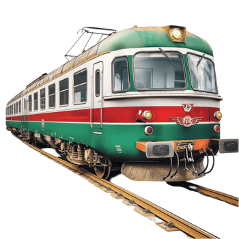green and red train with vintage design moves along the railway tracks png