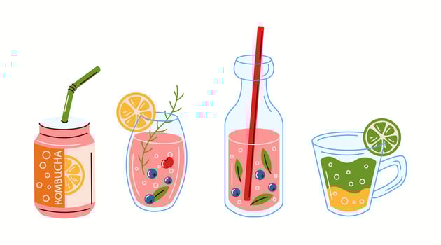 Flat illustration of a variety of kombucha drinks in different glasses, cans, and bottles, featuring fresh fruit and natural ingredients. vector