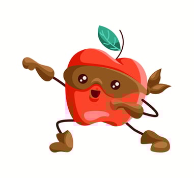 Vibrant red apple superhero in a brown mask, gloves, and a confident pose. Cute and dynamic fruit character, ideal for healthy eating promotions, children's content, and creative illustrations. vector