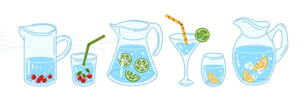 Collection of pitchers and glasses filled with fresh water, ice cubes, and fruits like lime, orange, and berries. Modern flat-style illustration representing hydration, freshness, and summer drinks. vector