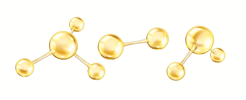 Rotating golden collagen molecules realistic color icons set. Spheres form complex structure representing bonds 3d objects bundle on white vector