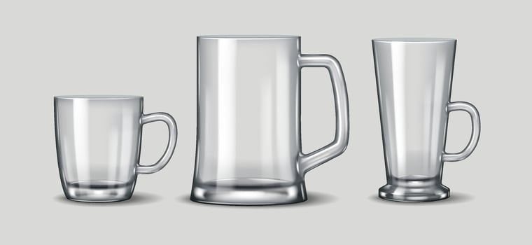 3D realistic illustration of a collection of glass mugs with handles, designed for serving coffee, tea, and other hot beverages in cafes and households. vector