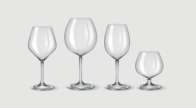 3D realistic illustration of a set of luxury wine glasses featuring modern design. Suitable for elegant dining, wine tastings, and fine restaurants. vector