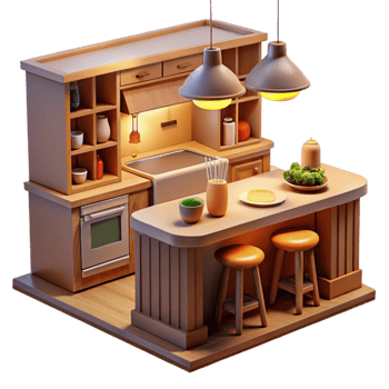 vibrant traditional Cozy 3D Kitchen Illustration detailed png